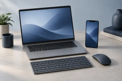 Sfeerbeeld van een laptop, telefoon, toetsenbord en muis